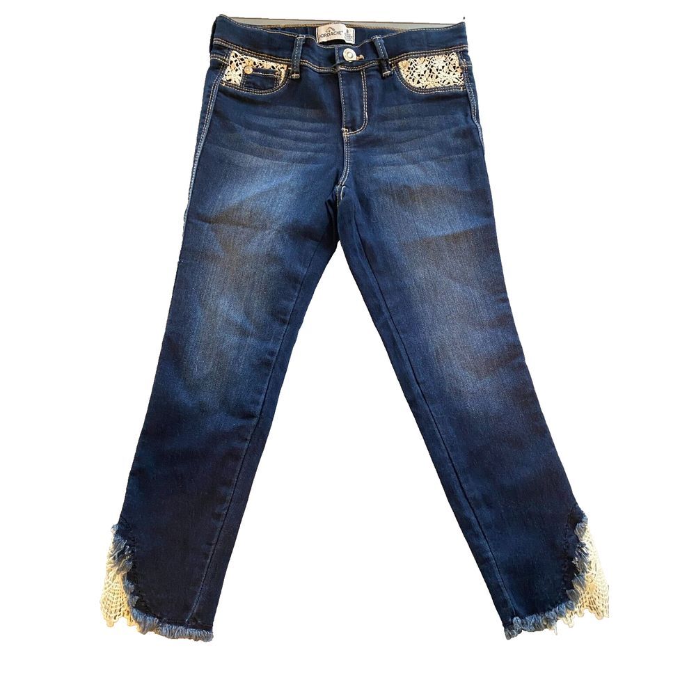 Jordache Cropped Jeans Girls 8 Blue Denim Cotton Lace Frayed Hem Pockets Zip-Fly